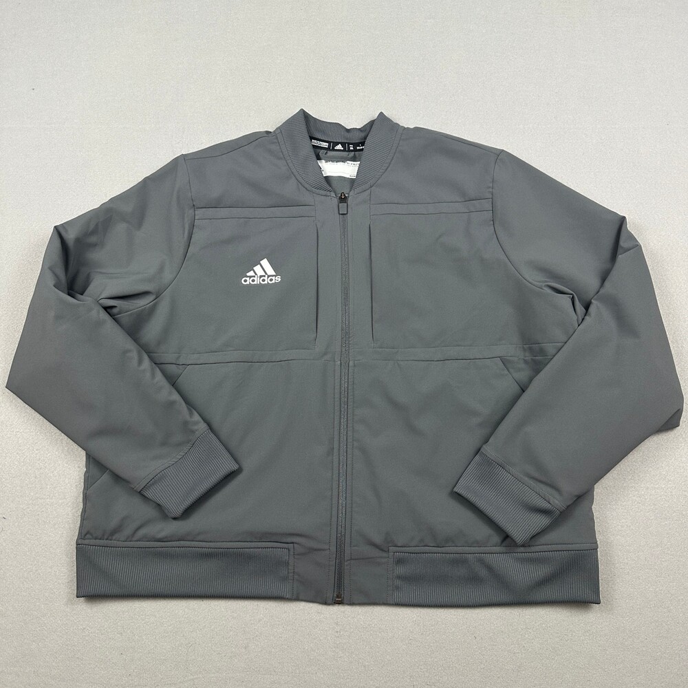 Adidas Jacket Men 2XL Gray Solid Full Zip Warm Up Bomber Pockets Training XXL